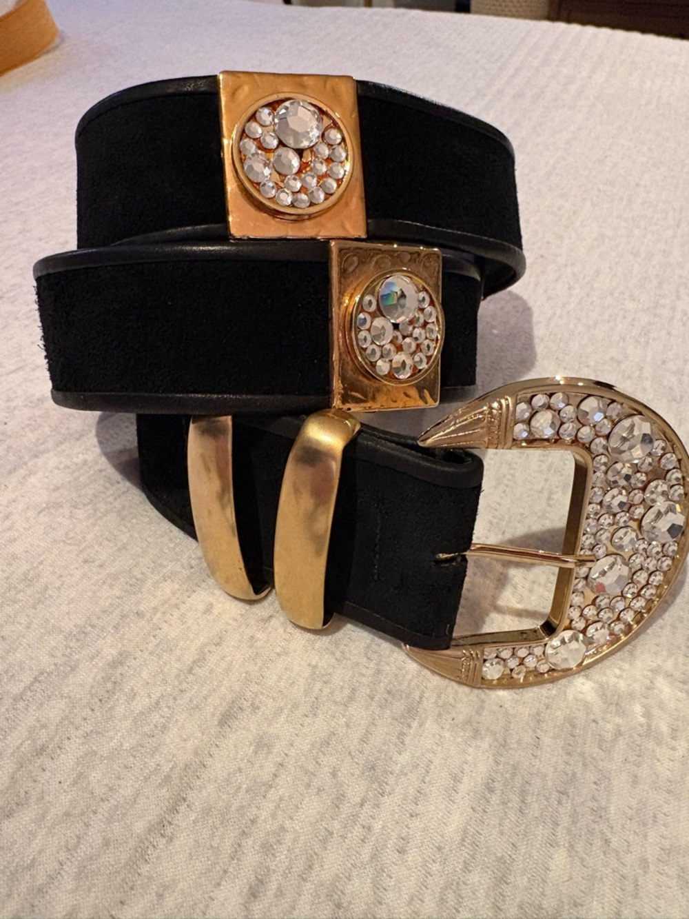 Black suede and leather trim belt with gold and rhinestones